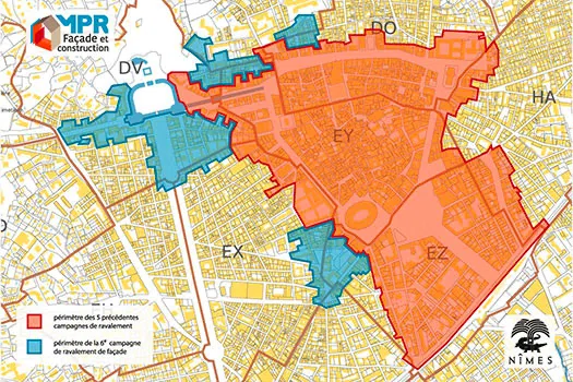 Carte du périmètre des 4 zones de la 6e campagne de rénovation obligatoire de façade à Nîmes